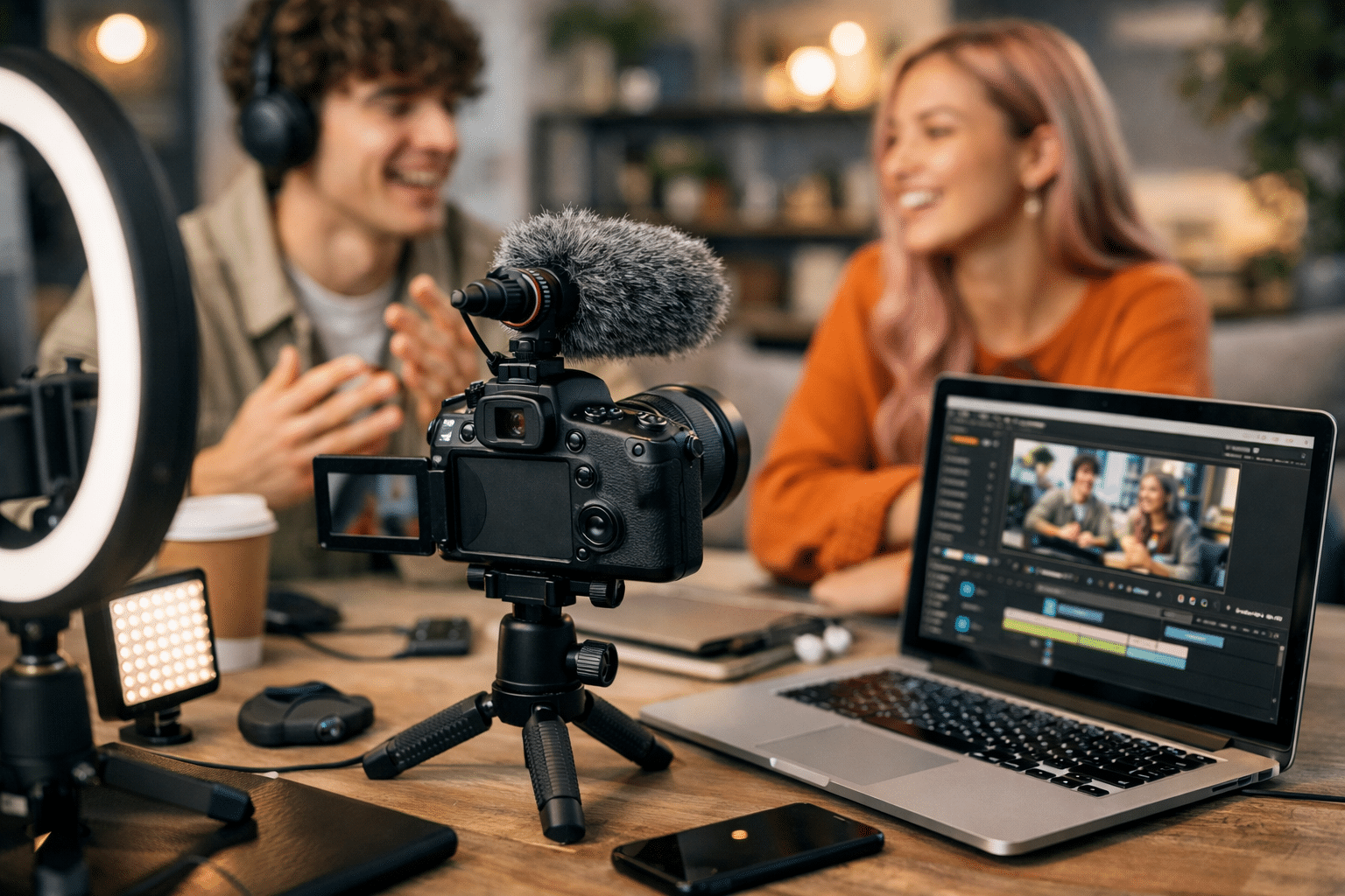 Professionelles Video-Equipment für Online-Kurs Erstellung: Mikrofon, Kamera und Ringlicht auf Schreibtisch